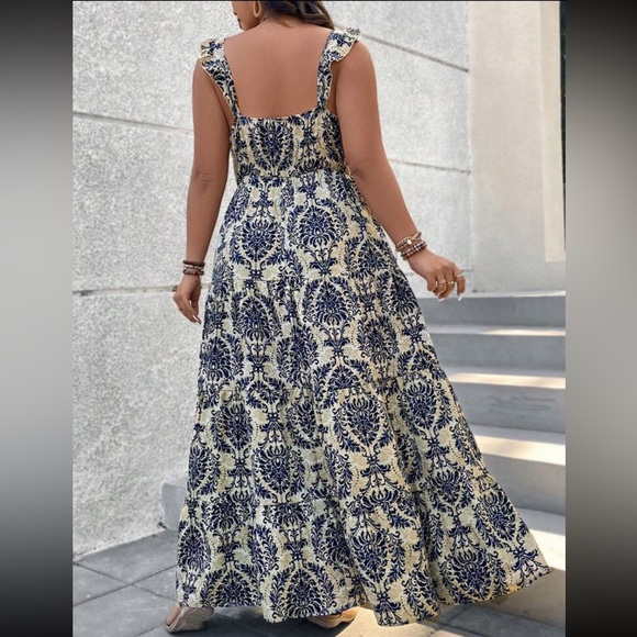 Boho Floral Paisley Print CUTOUT Front Tie Ruffle Print Tank Top Maxi Dress - Picture 2 of 6